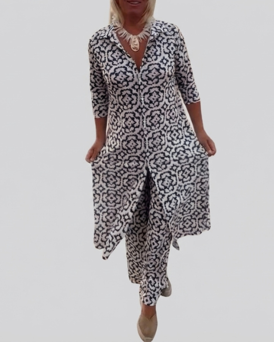 Leah | Boho Geometric Print Tunic and Wide Leg Pants Set