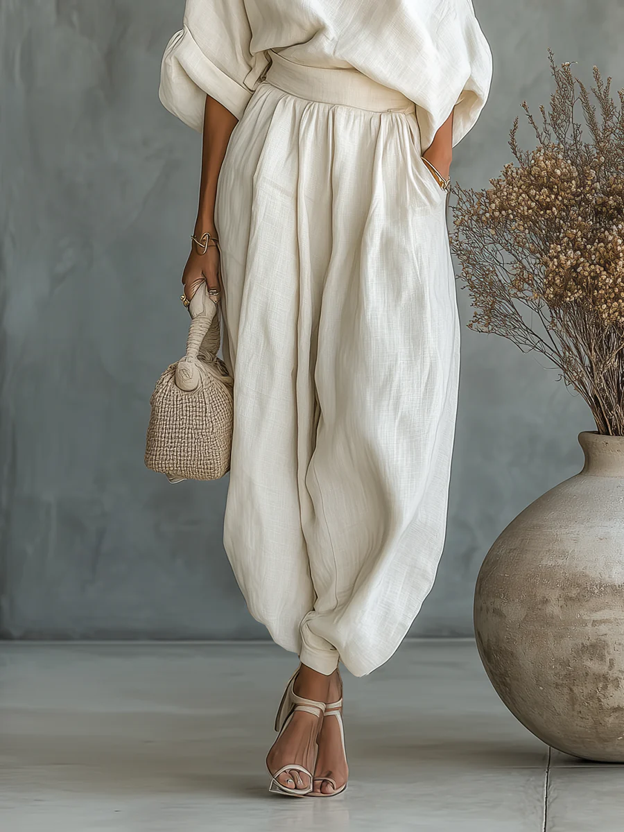 Wynne | Off White Off Shoulder Linen Top and Tapered Pants Set