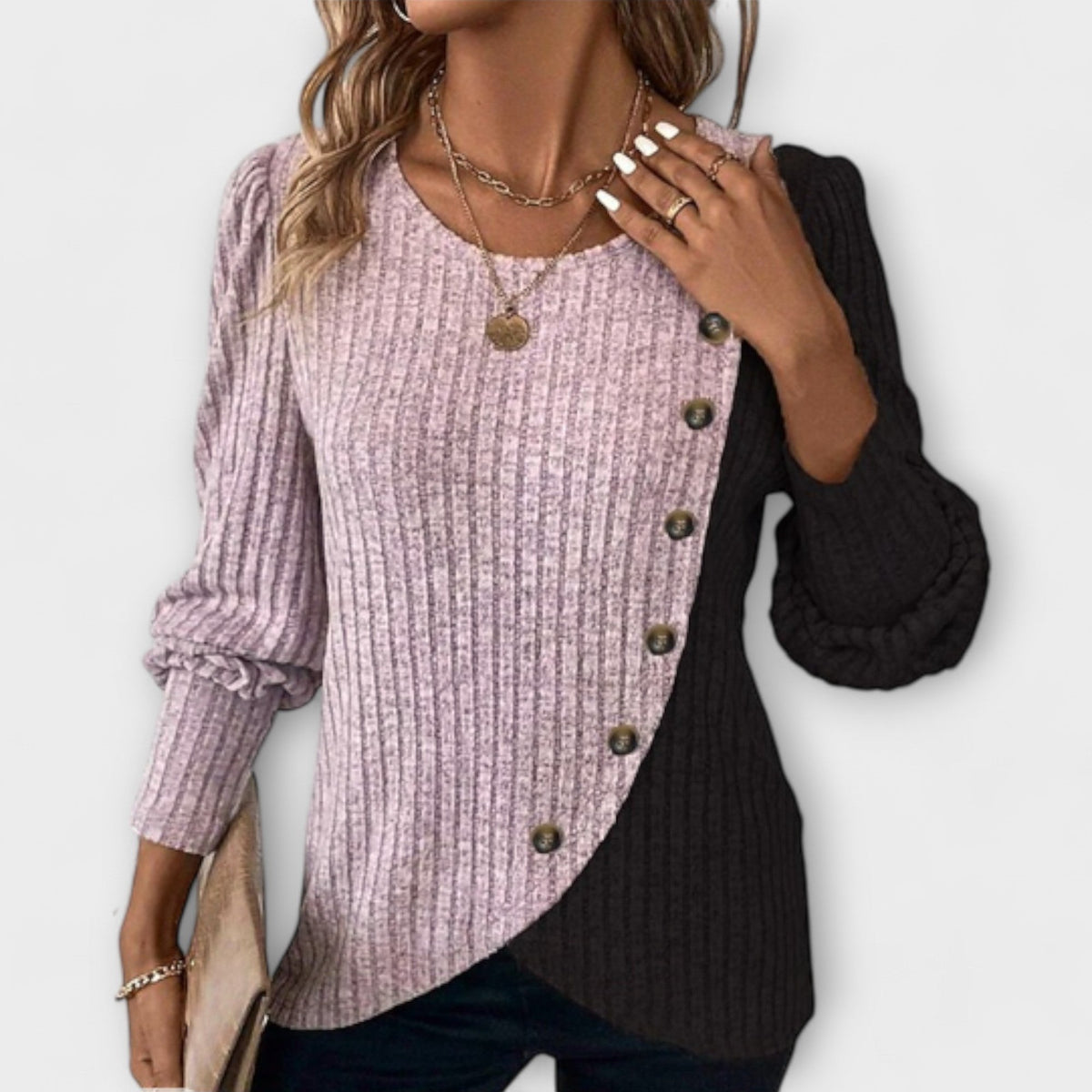 Nina | Colourblock Asymmetric Button Knit Blouse