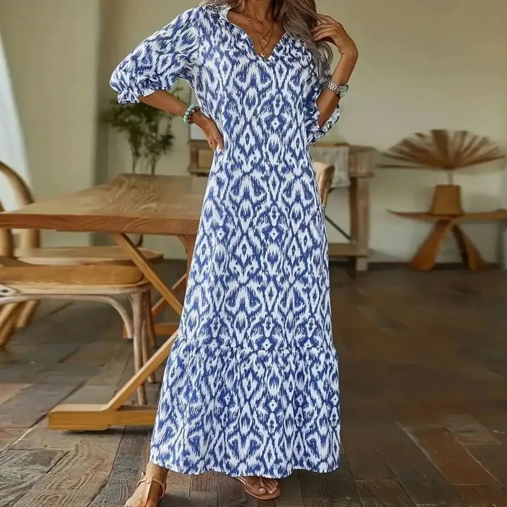 Coco | Boho Ikat Print V-Neck Three Quarter Sleeve Maxi Dress