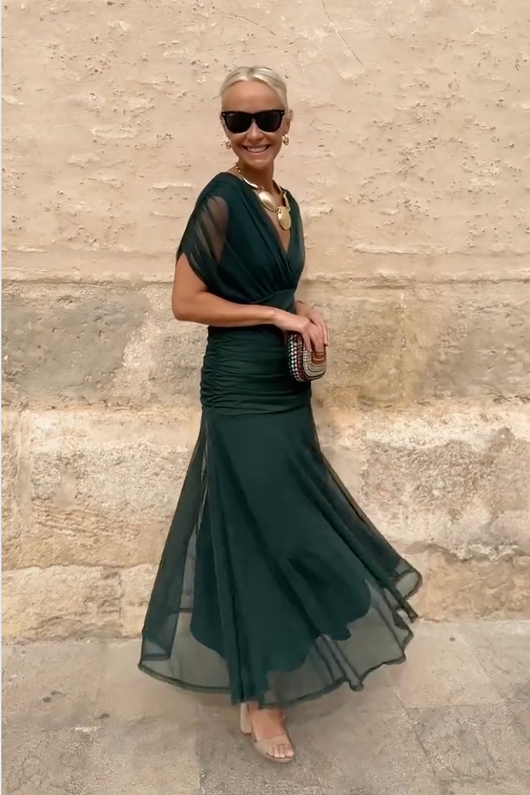 Wren | Green V-Neck Pleated Chiffon Maxi Dress