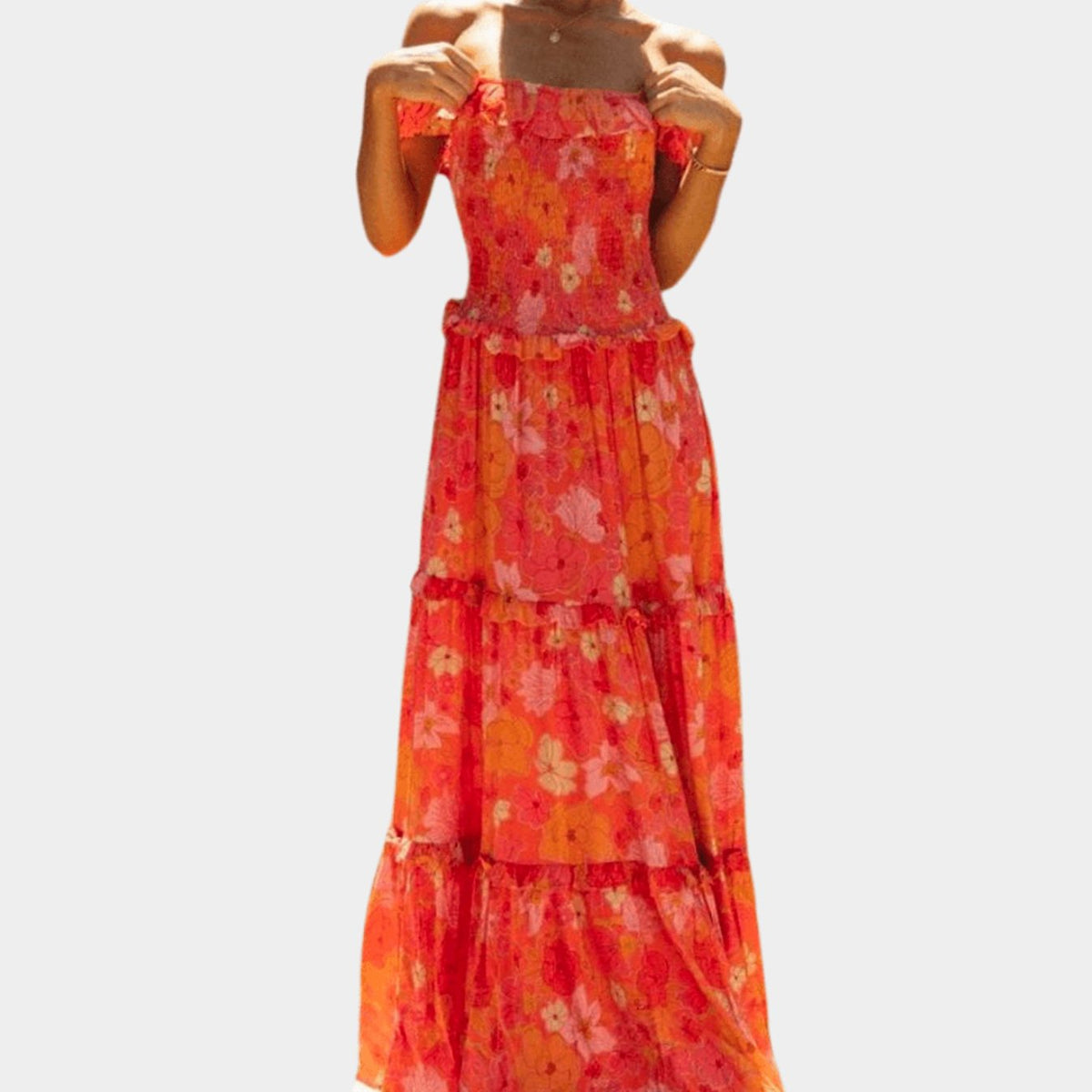 Nora | Orange Floral Off Shoulder Tiered Flowy Maxi Dress
