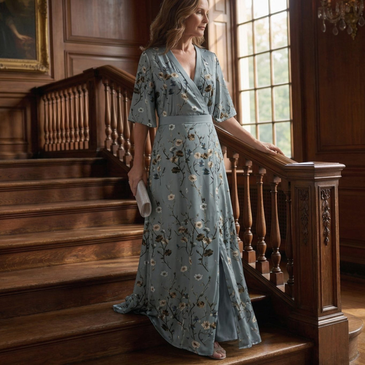 June | Sage Green Floral Wrap V-Neck Flowy Maxi Dress