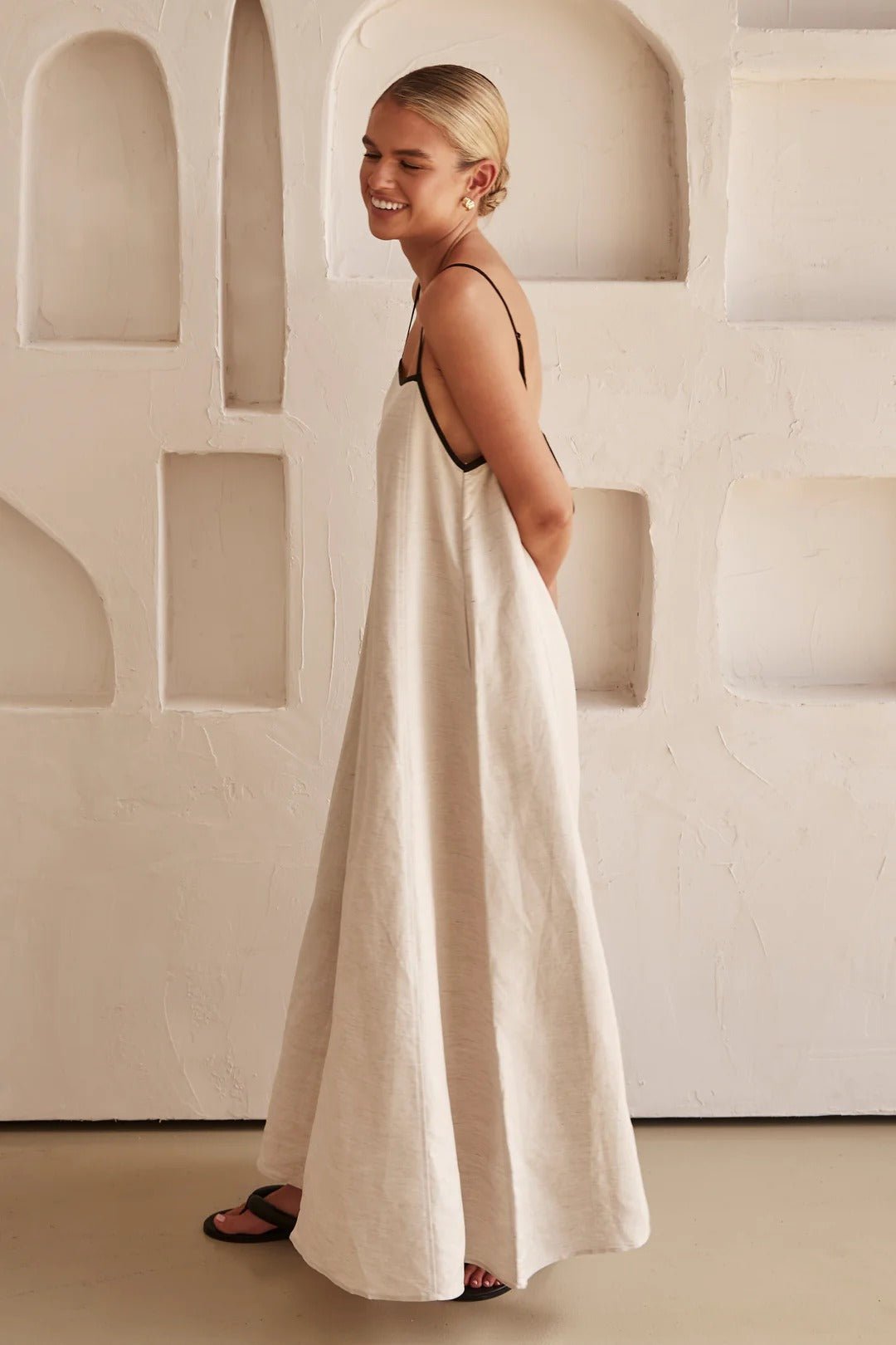 Georgia | Cream Linen Adjustable Strap Maxi Dress with Contrast Trim