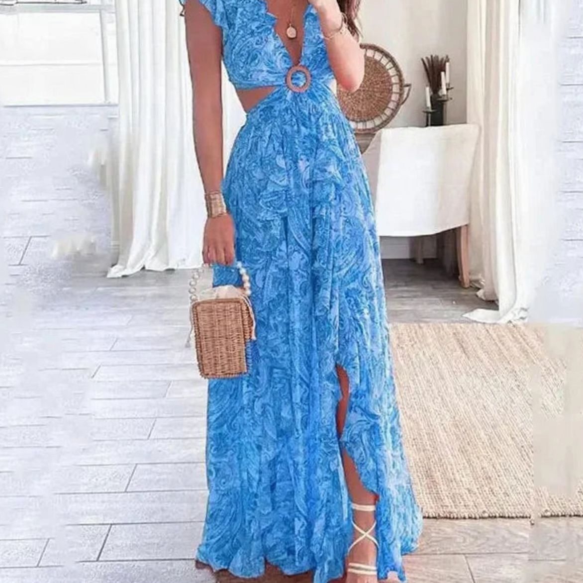 Vera | Paisley Floral V-Neck Cutout Ruffle Maxi Dress