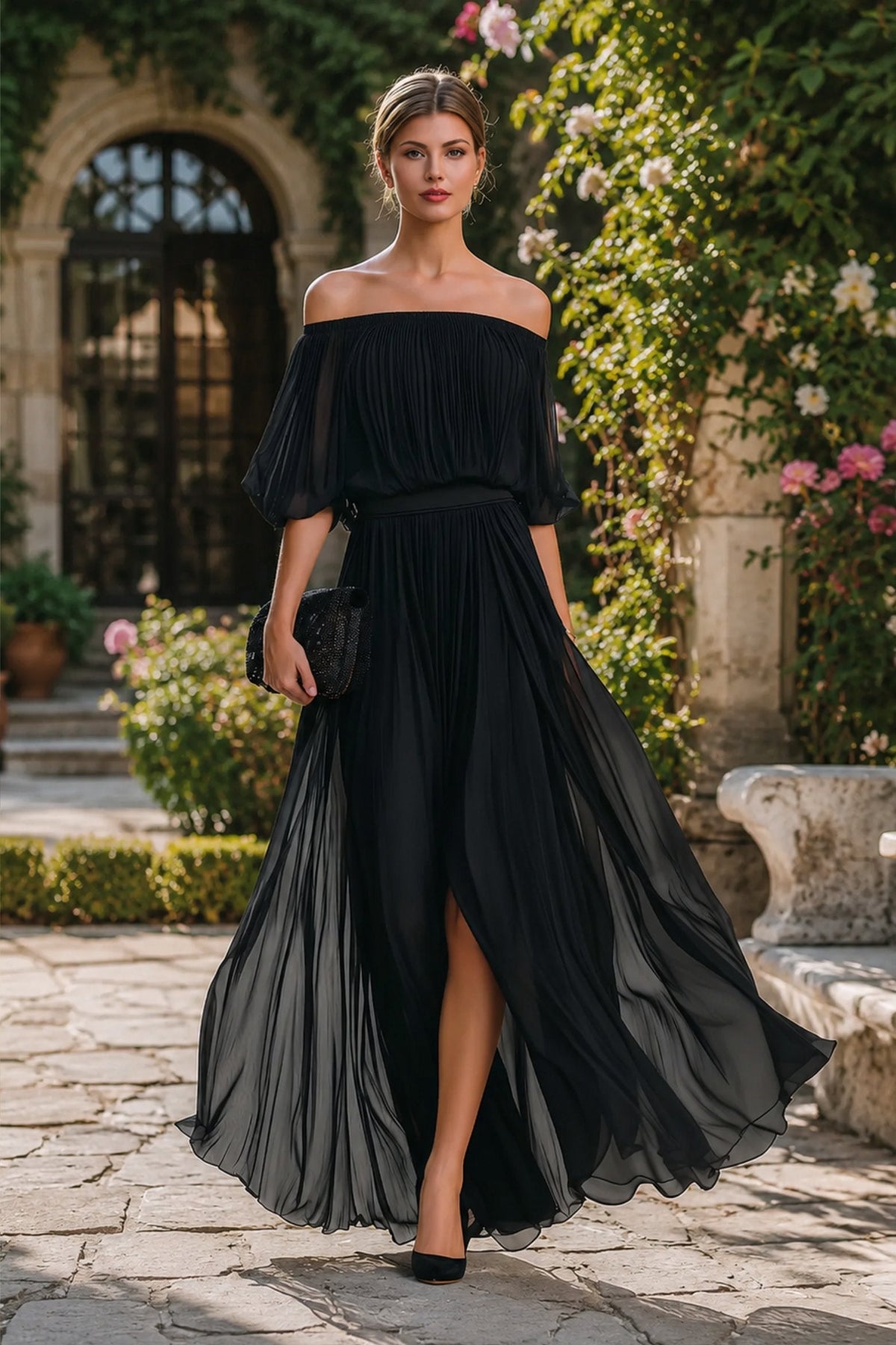 Perdita | Off Shoulder Pleated Chiffon Maxi Dress