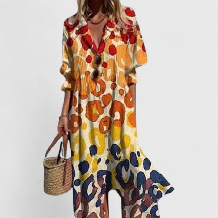 Blossom | Leaf Print Long Sleeve Button Front Maxi Shirt Dress