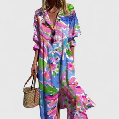 Blossom | Leaf Print Long Sleeve Button Front Maxi Shirt Dress