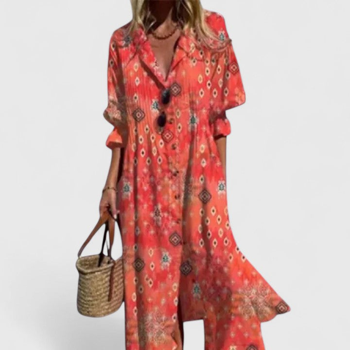 Blossom | Leaf Print Long Sleeve Button Front Maxi Shirt Dress