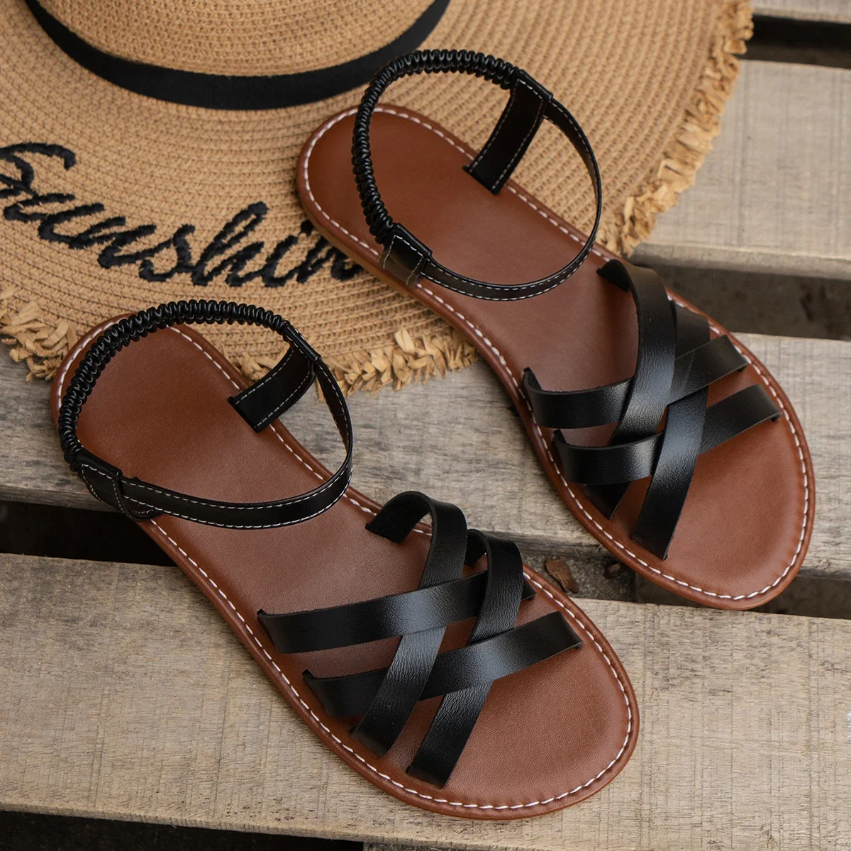 Elena | Orthopedic Woven Strap Flat Sandals with Ankle Buckle