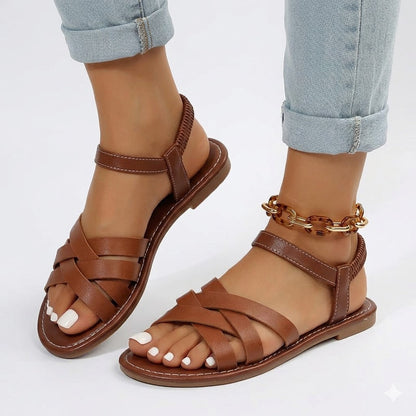 Elena | Orthopedic Woven Strap Flat Sandals with Ankle Buckle