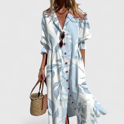 Blossom | Leaf Print Long Sleeve Button Front Maxi Shirt Dress