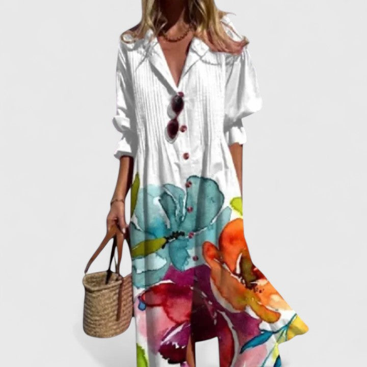 Blossom | Leaf Print Long Sleeve Button Front Maxi Shirt Dress