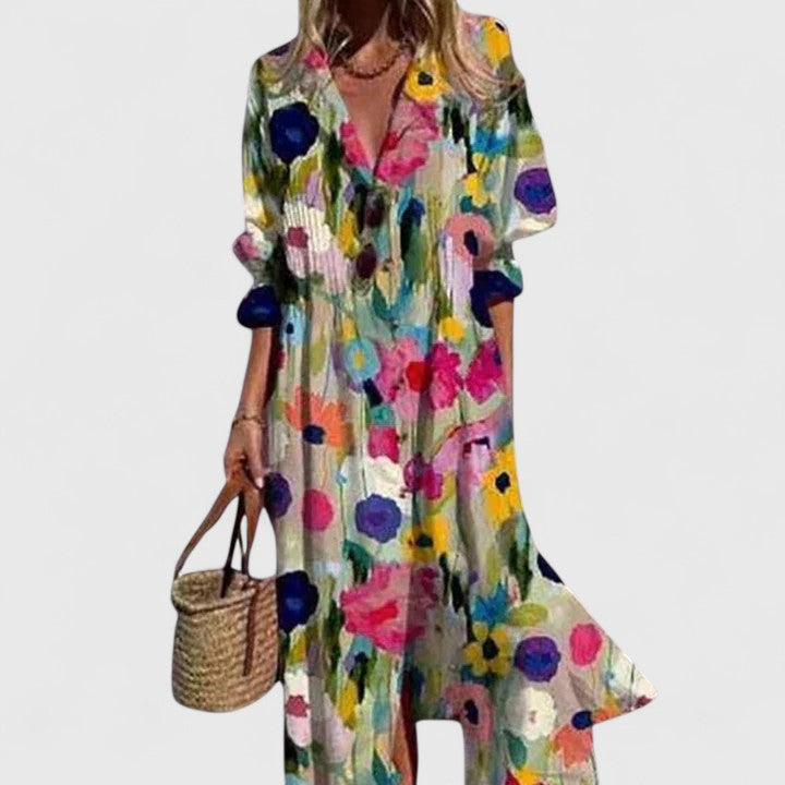 Blossom | Leaf Print Long Sleeve Button Front Maxi Shirt Dress