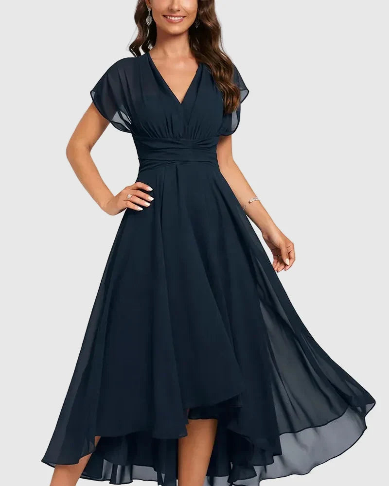 Aniela | Navy V-Neck Flutter Sleeve High-Low Cocktail Dress