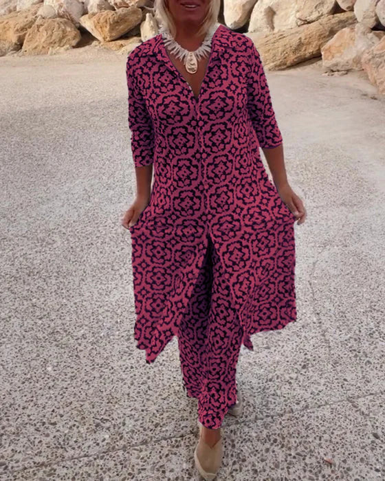 Leah | Boho Geometric Print Tunic and Wide Leg Pants Set