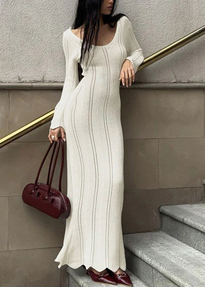 Vivienne | White Knit Long Sleeve Scoop Neck Bodycon Maxi Dress