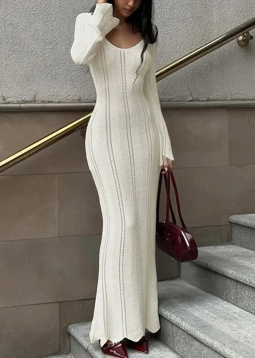 Vivienne | White Knit Long Sleeve Scoop Neck Bodycon Maxi Dress