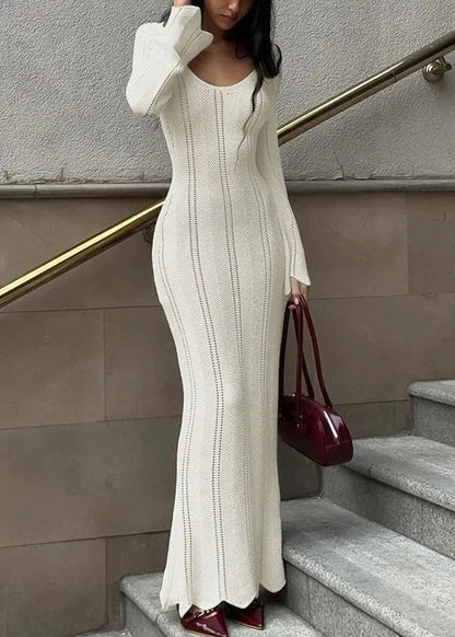 Vivienne | White Knit Long Sleeve Scoop Neck Bodycon Maxi Dress