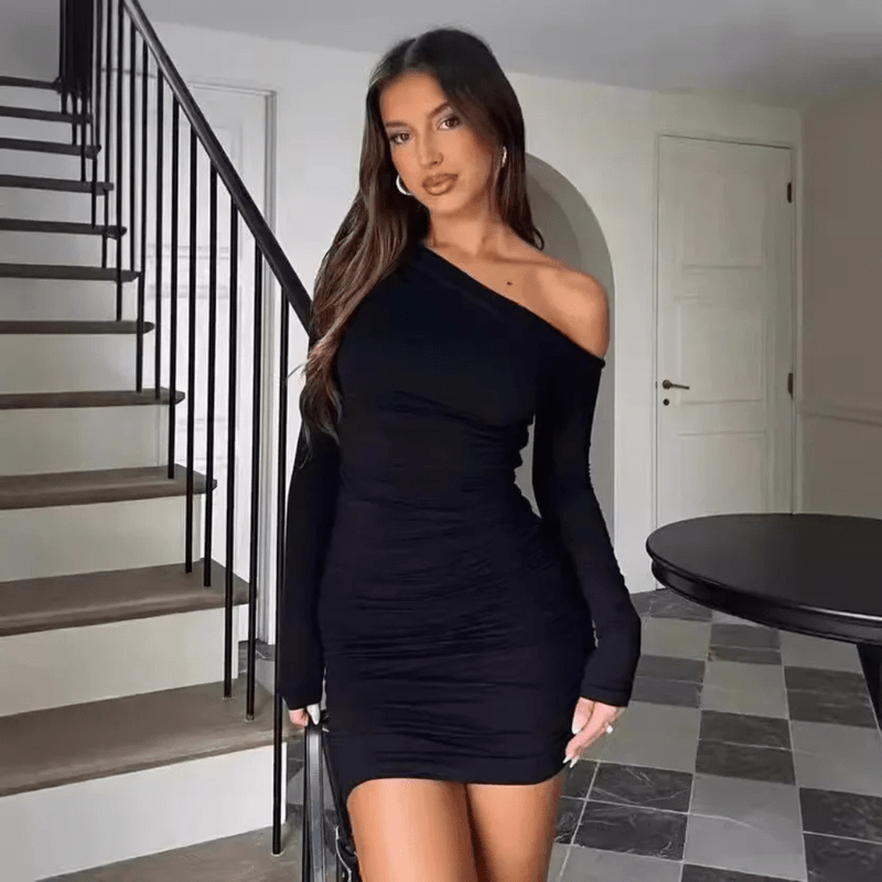 Poppy | Black One Shoulder Long Sleeve Mini Party Dress