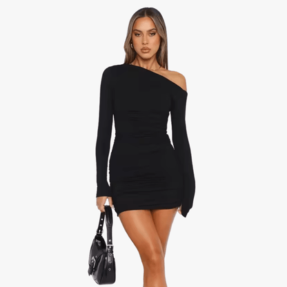 Poppy | Black One Shoulder Long Sleeve Mini Party Dress