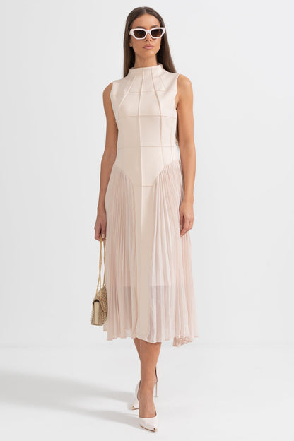 Persephone | Beige Pleated Sleeveless Midi Cocktail Dress