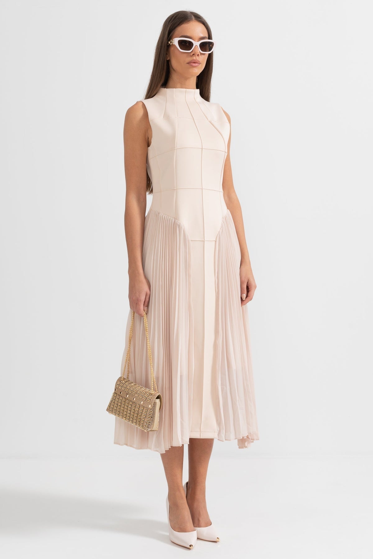 Persephone | Beige Pleated Sleeveless Midi Cocktail Dress
