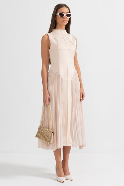 Persephone | Beige Pleated Sleeveless Midi Cocktail Dress