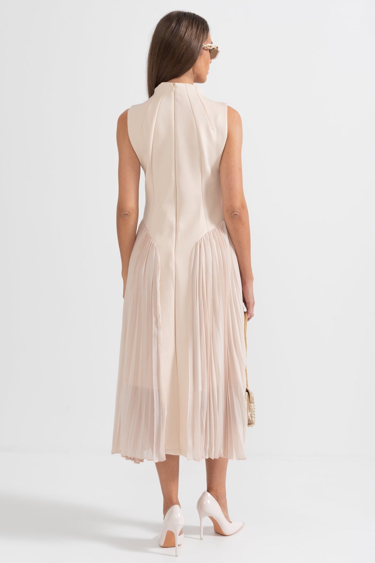 Persephone | Beige Pleated Sleeveless Midi Cocktail Dress