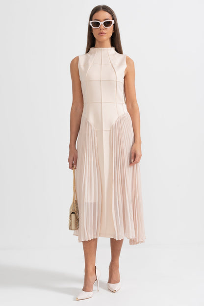 Persephone | Beige Pleated Sleeveless Midi Cocktail Dress