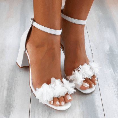 Isla | White Floral Block Heel Wedding Sandals with Ankle Strap