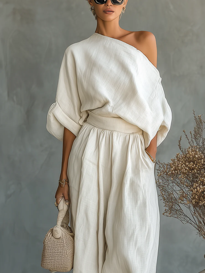 Wynne | Off White Off Shoulder Linen Top and Tapered Pants Set