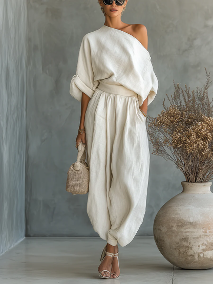 Wynne | Off White Off Shoulder Linen Top and Tapered Pants Set