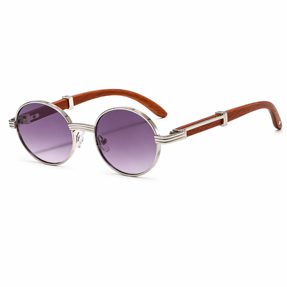 Ottilie | Elegant Round Frame Sunglasses with Wood-Look Arms