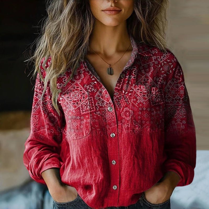 Valerie | Paisley Print Boho Button Down Long Sleeve Blouse