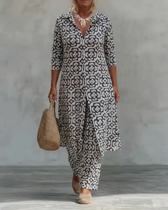 Leah | Boho Geometric Print Tunic and Wide Leg Pants Set
