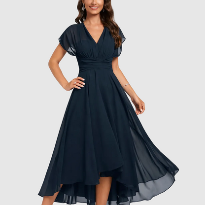Aniela | Navy V-Neck Flutter Sleeve High-Low Cocktail Dress