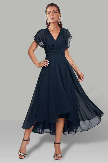 Aniela | Navy V-Neck Flutter Sleeve High-Low Cocktail Dress