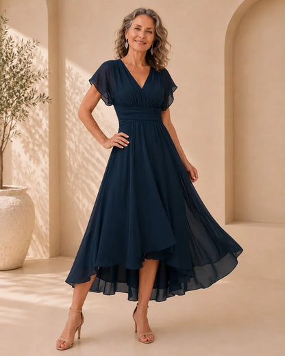 Aniela | Navy V-Neck Flutter Sleeve High-Low Cocktail Dress