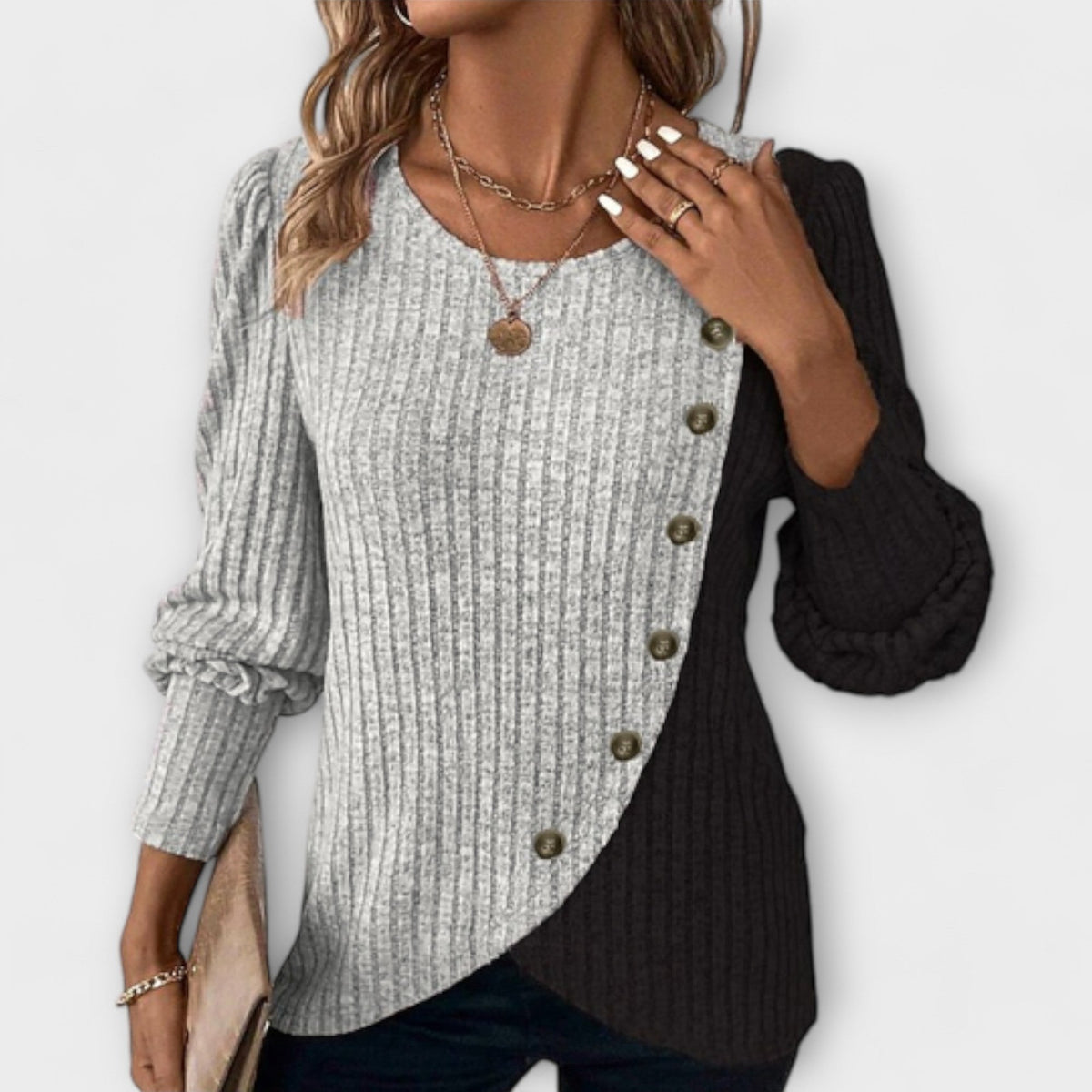 Nina | Colourblock Asymmetric Button Knit Blouse
