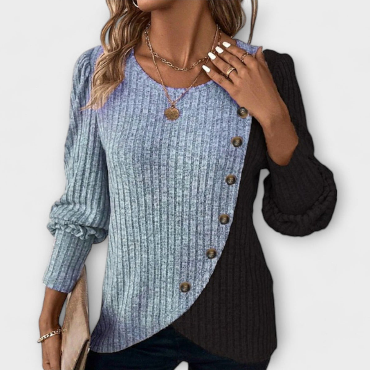 Nina | Colourblock Asymmetric Button Knit Blouse