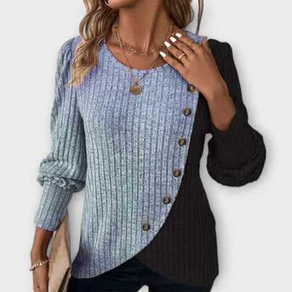 Nina | Colourblock Asymmetric Button Knit Blouse