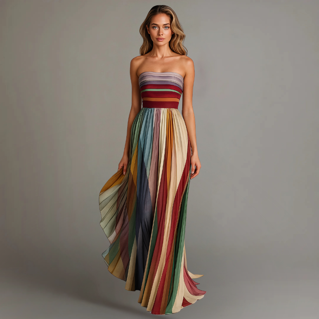 Sienna | Strapless Pleated Multicolour Striped Maxi Dress