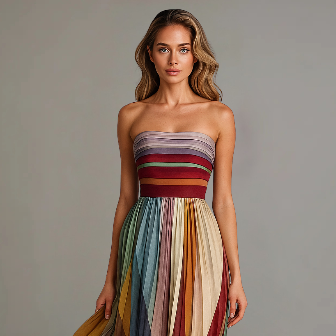 Sienna | Strapless Pleated Multicolour Striped Maxi Dress