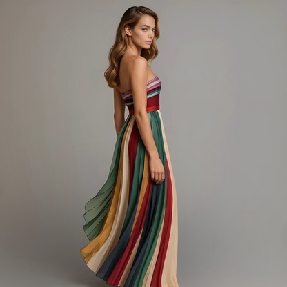 Sienna | Strapless Pleated Multicolour Striped Maxi Dress