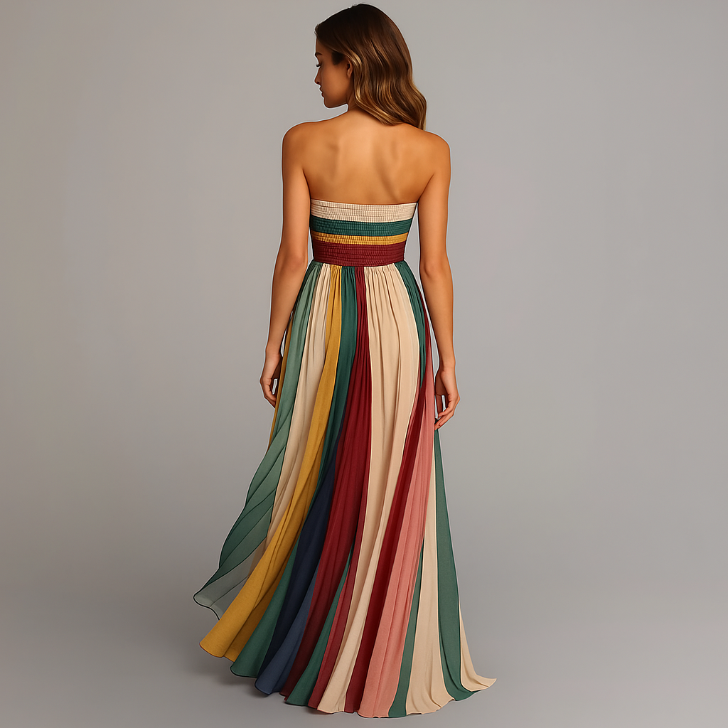 Sienna | Strapless Pleated Multicolour Striped Maxi Dress