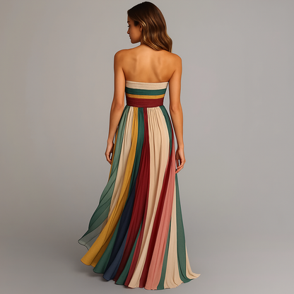 Sienna | Strapless Pleated Multicolour Striped Maxi Dress