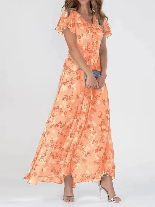 Marigold | Floral V-Neck Flutter Sleeve Maxi Dress