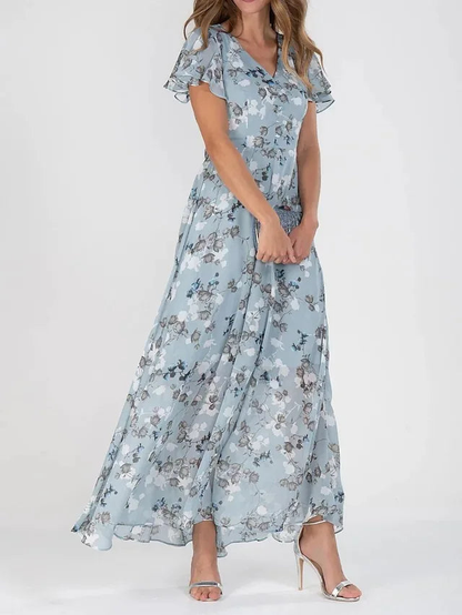 Marigold | Floral V-Neck Flutter Sleeve Maxi Dress