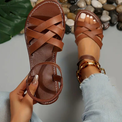 Elena | Orthopedic Woven Strap Flat Sandals with Ankle Buckle